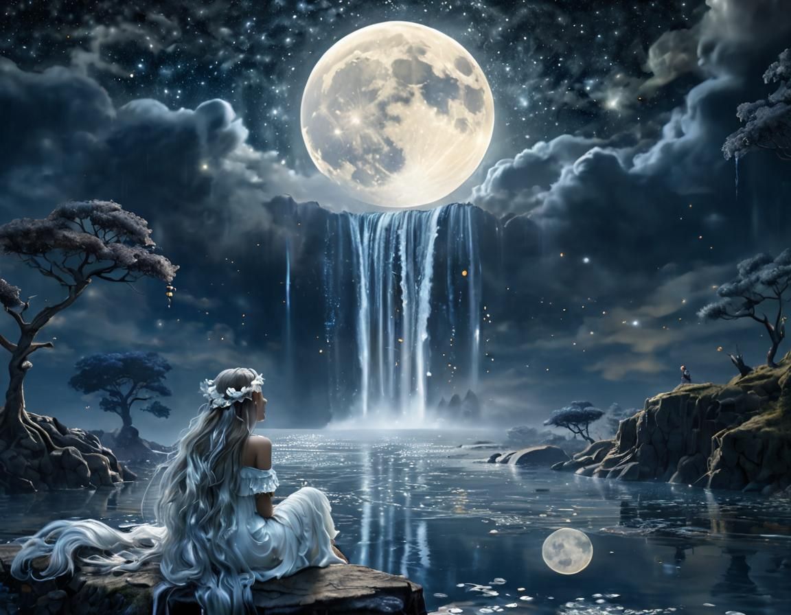 Dreamscape: Moon Waterfall in Starry Night
