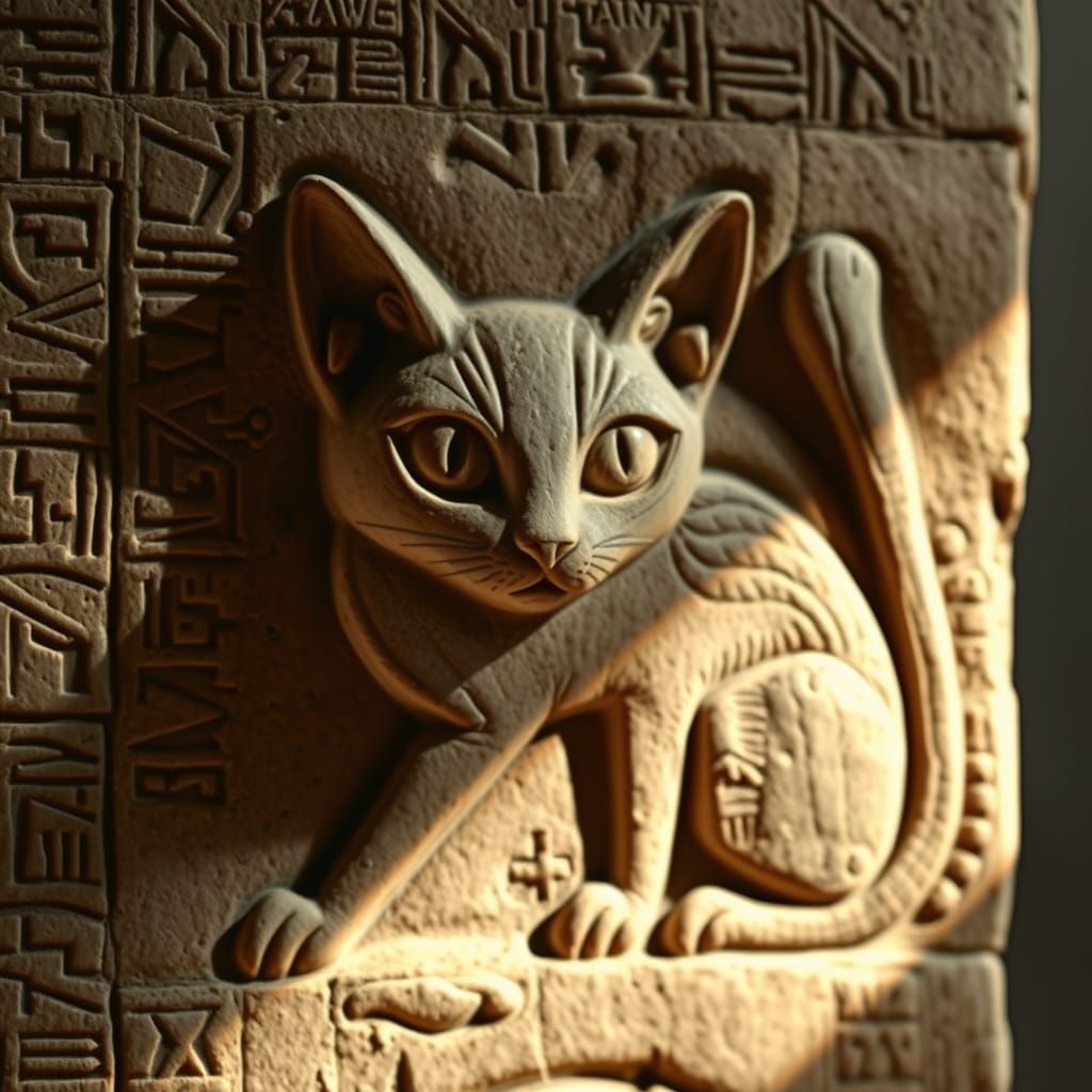 Ancient Sumerian Cat Stone Carving with Cuneiform Script