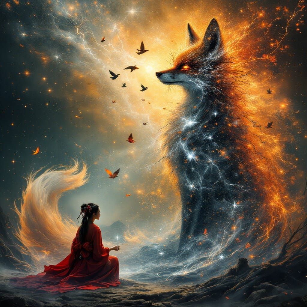 Stellar Fox Goddess Unfolds into Celestial Bloom