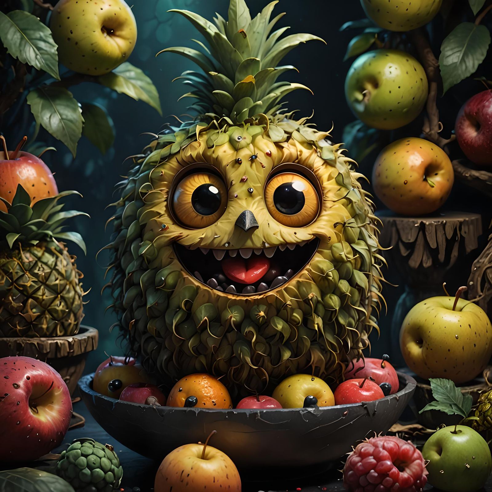 Playful Pineapple Character in Fantasy Digital Art