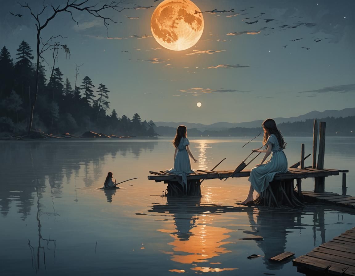 Eerie Lakeside Encounter in Dark Fantasy Style