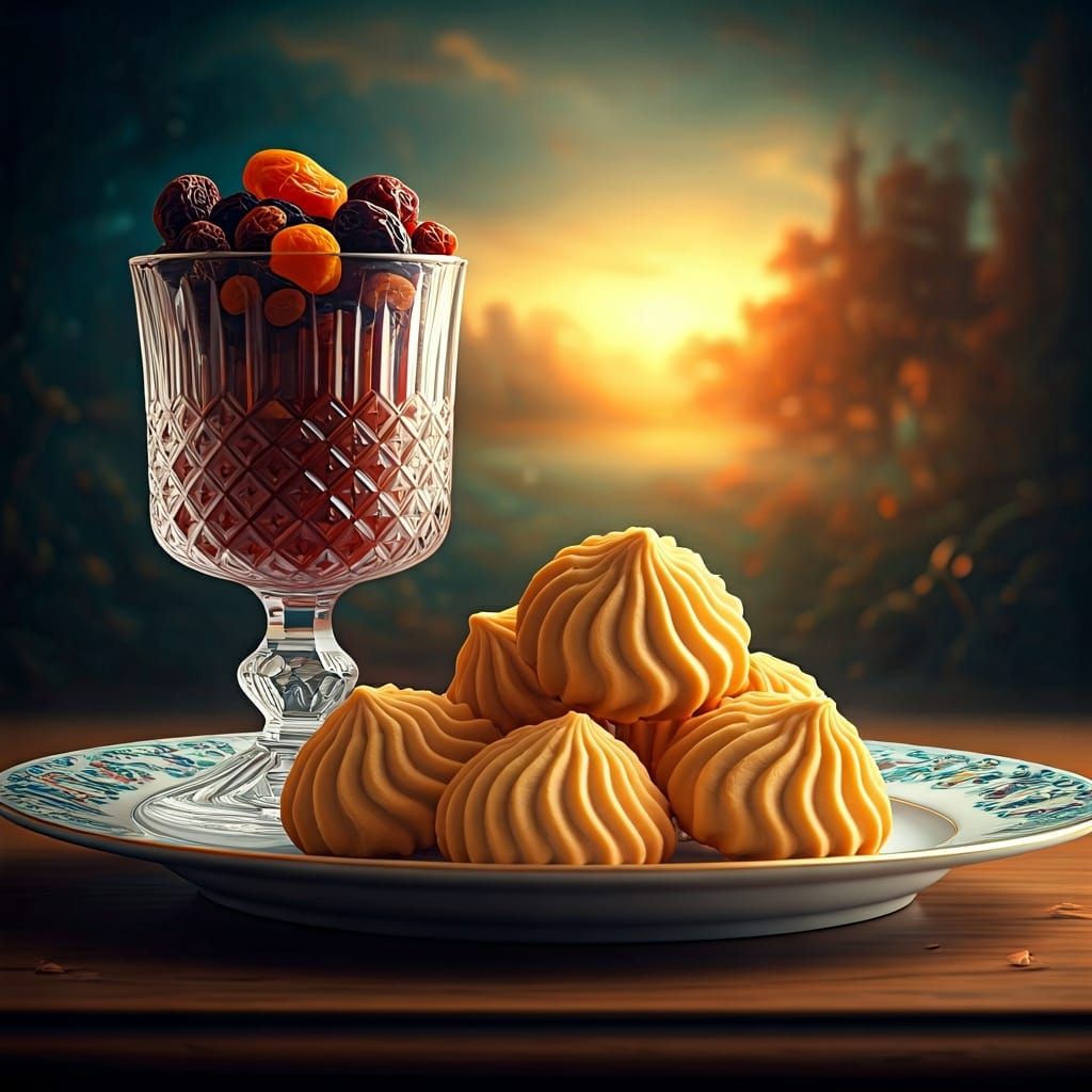 Kurabye Biscuits and Compote in Surreal Watercolor Style