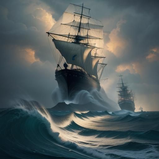 Ship Navigating Stormy Seas in Cinematic Lighting