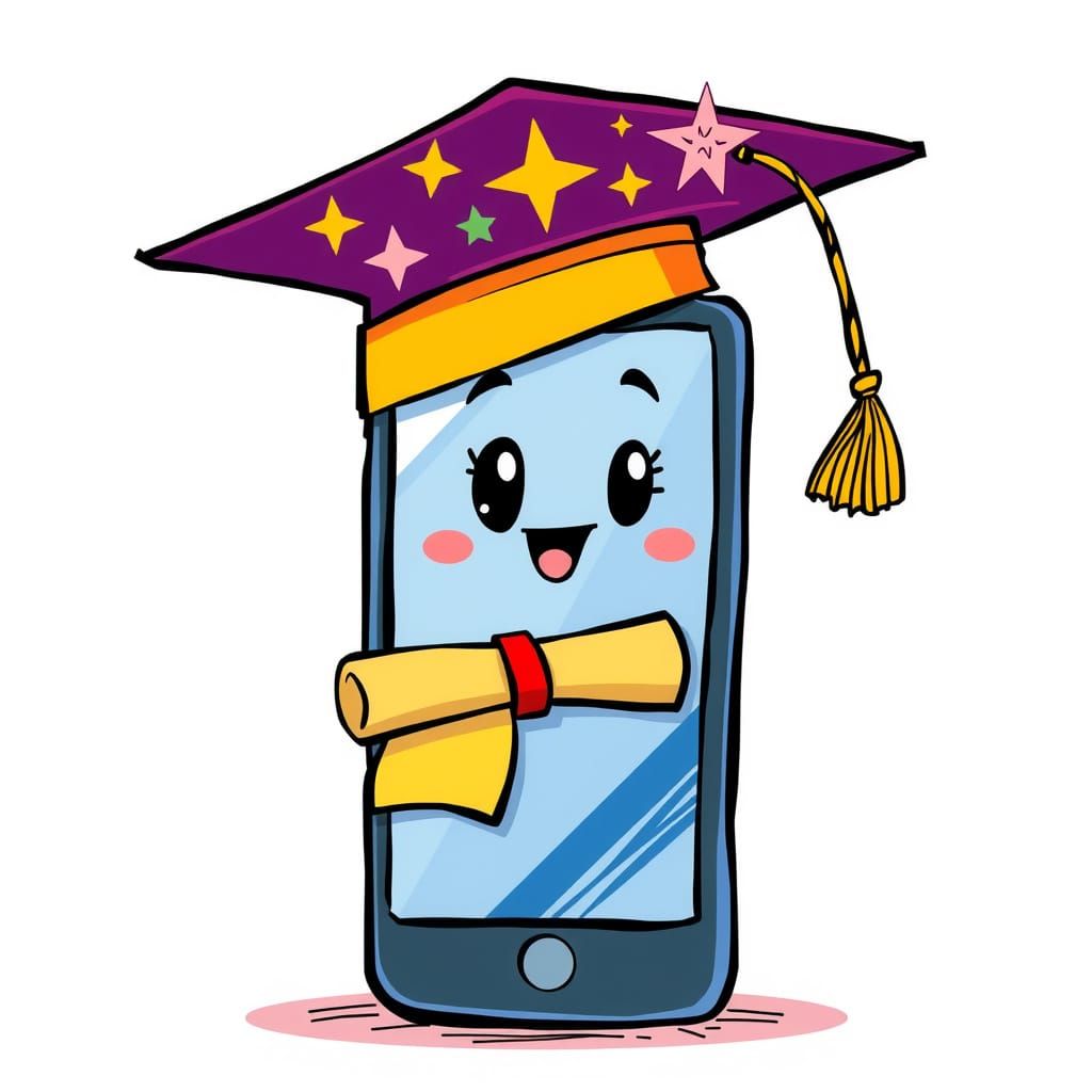 Whimsical Cell Phone Graduate in Colorful Cartoon Style