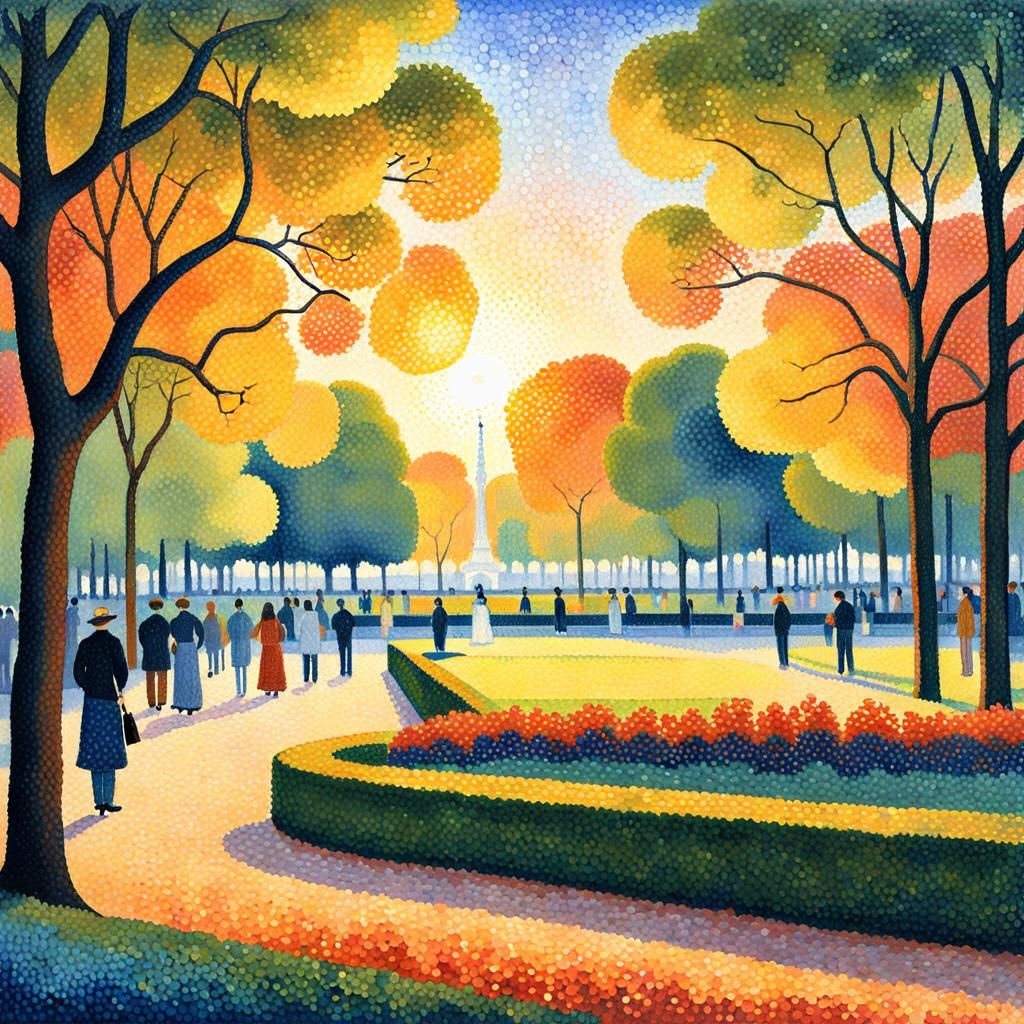 Pointillism: Jardin du Luxembourg, Paris; sunset