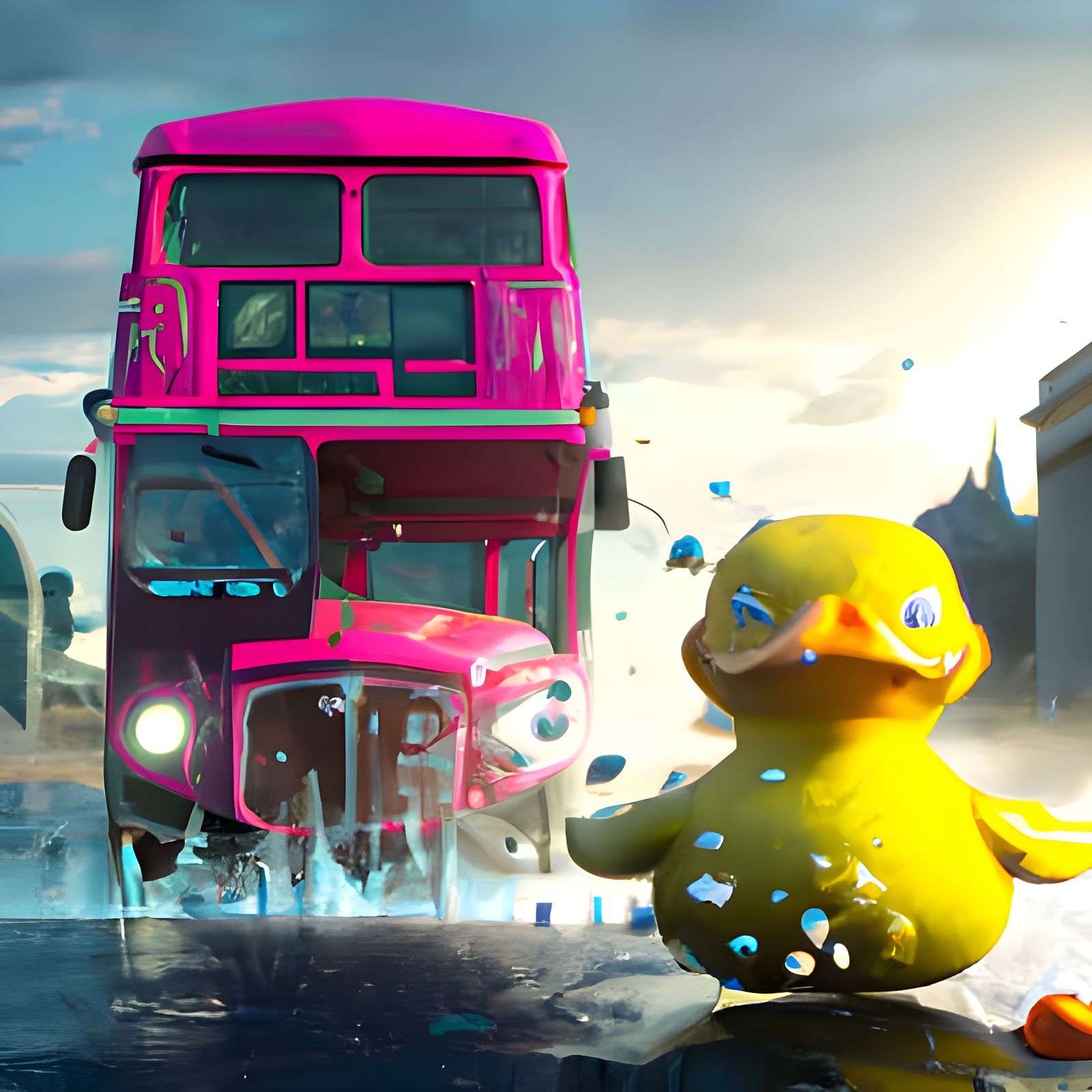 A pink London bus passes by an ecstatic giant yellow rubber duck.