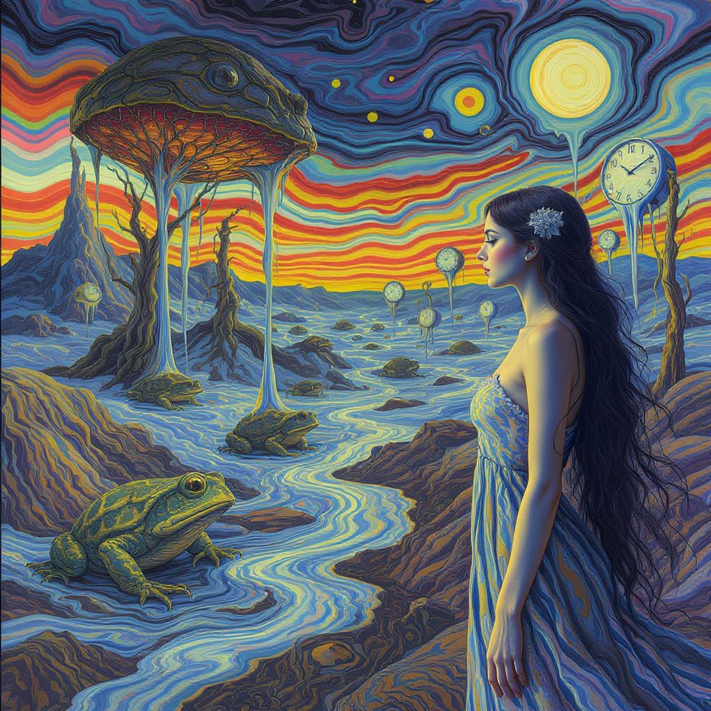 Dreamlike Toad Clocks in Surreal Rainbow Landscape