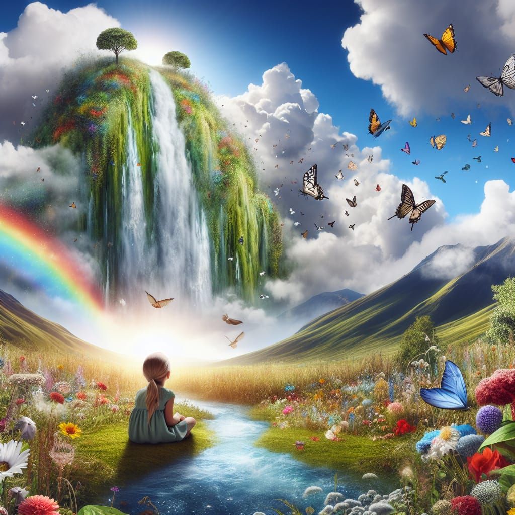 Wonder: Serene Waterfall Landscape with Child