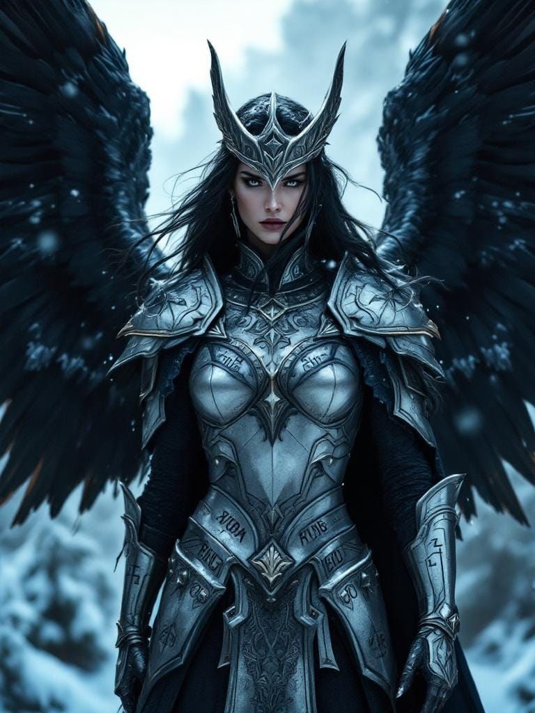 Winged Valkyrie in Silver Armor, Snow Forest