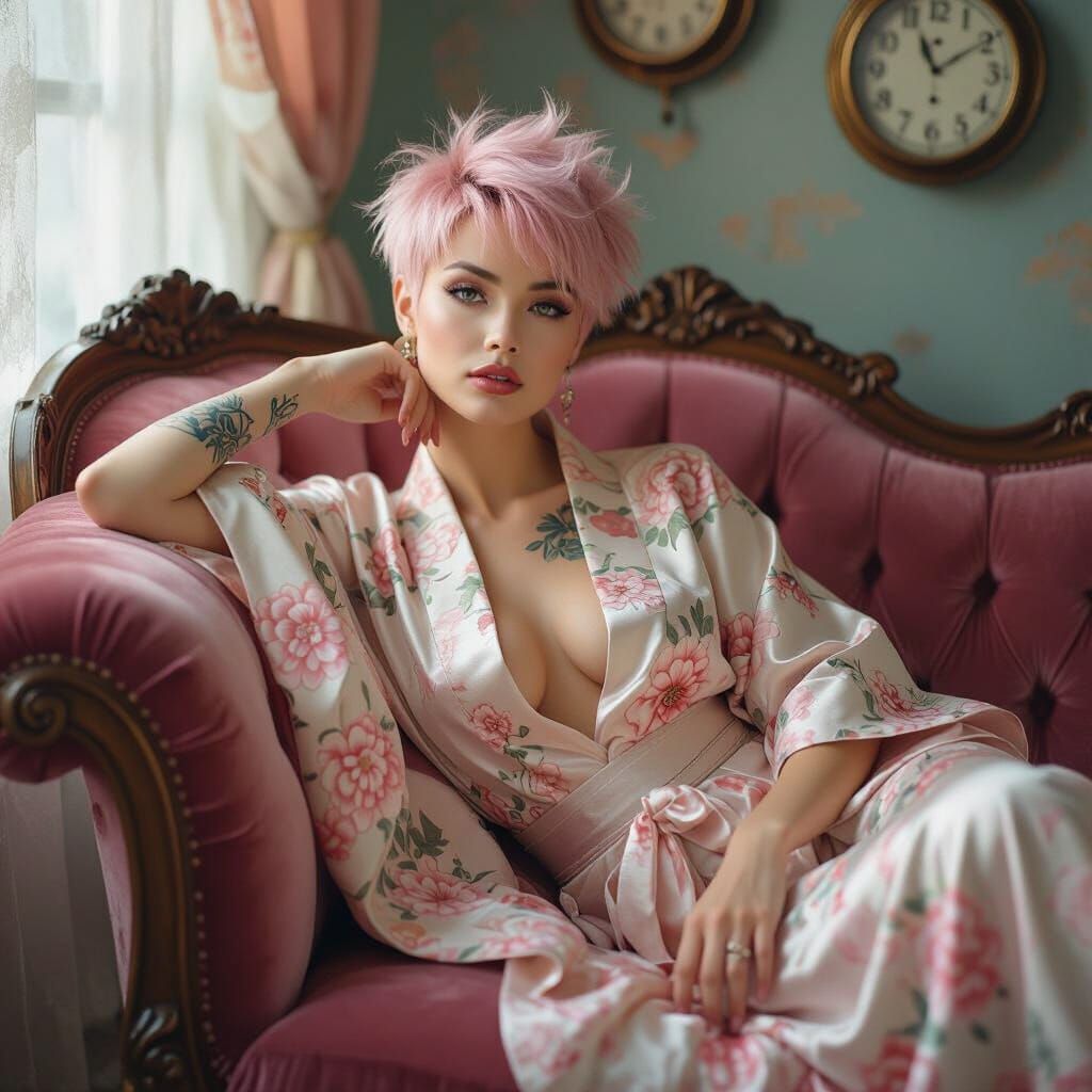 Pink-Haired Woman in Surreal Boudoir, Elegant Art