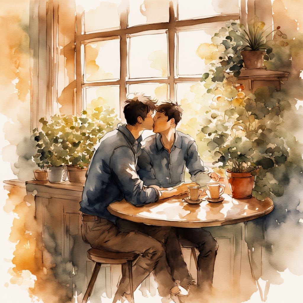 Romantic Kiss in Watercolor Ink Wash Style