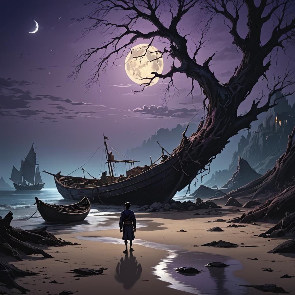 Dark Fantasy Sailor Confronts Creatures on Beach