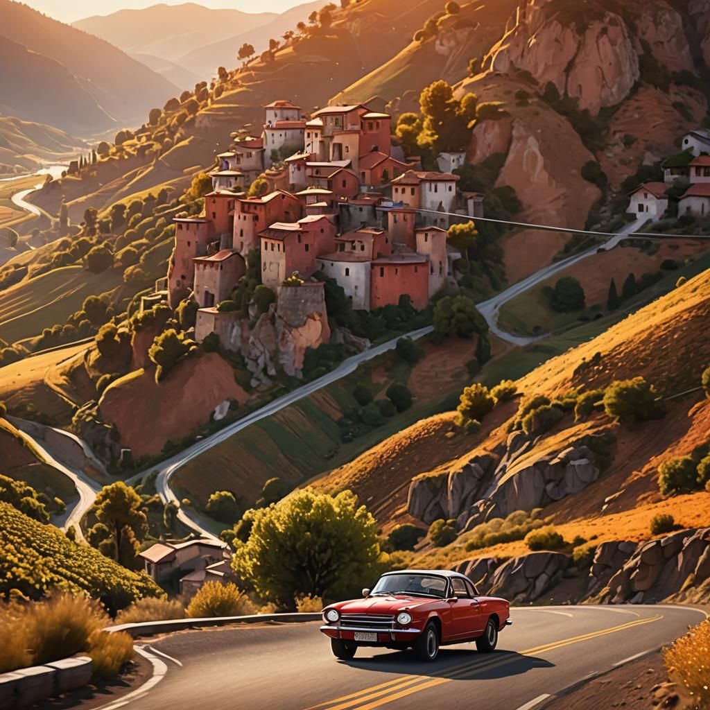 Couple in Red Car at Orange Dawn, Motion Blur