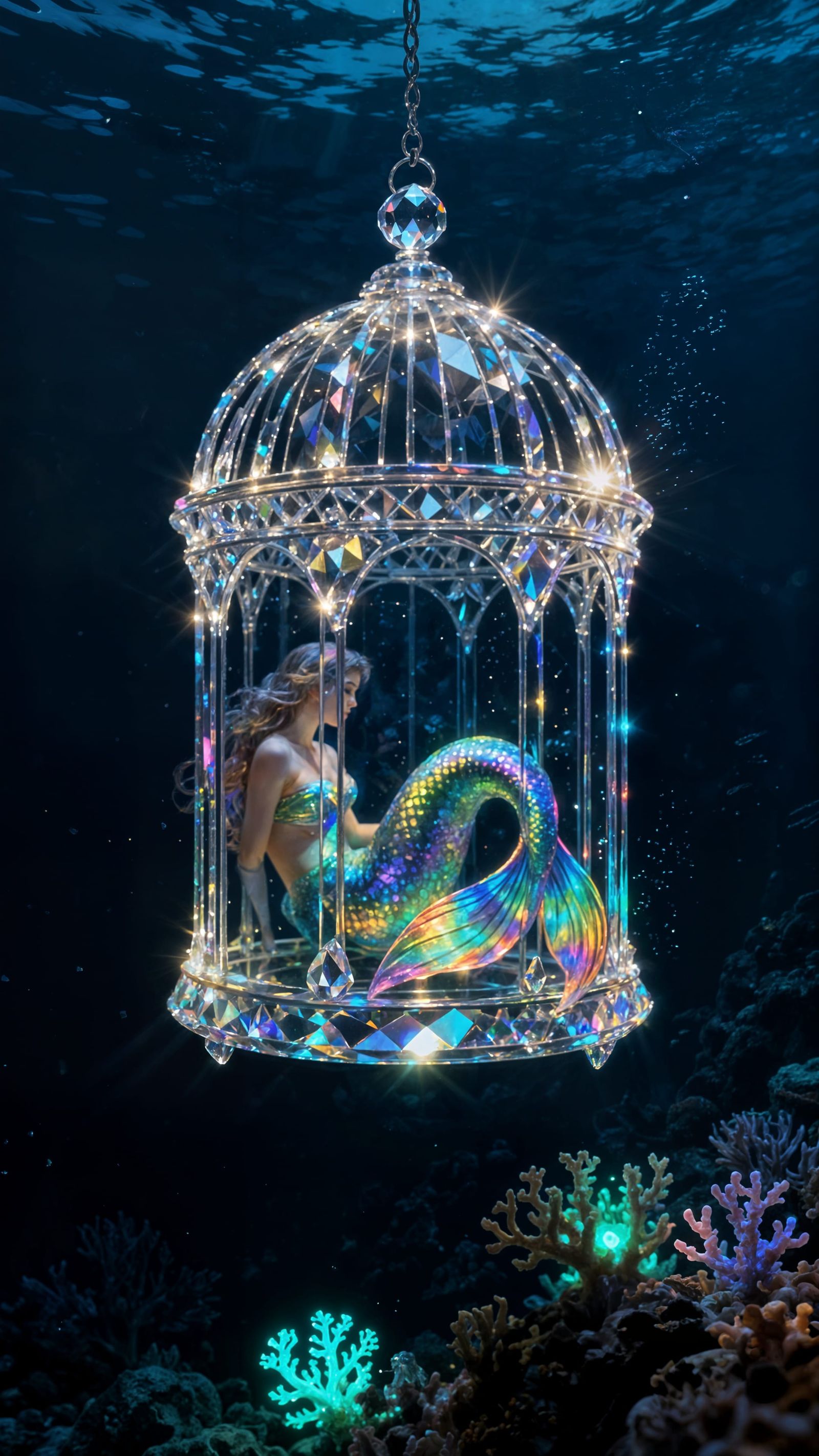Crystal Birdcage with Mermaid Above Ocean Abyss