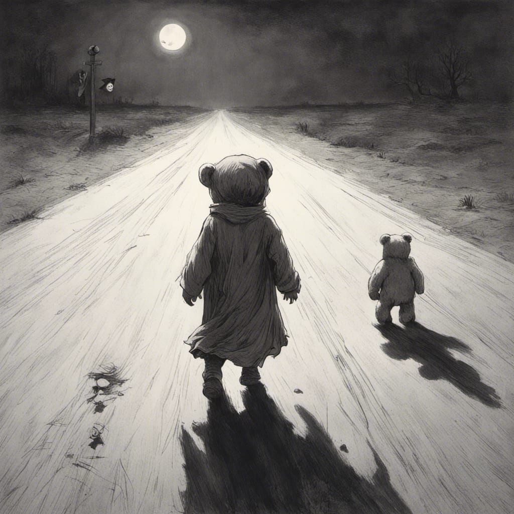 Eerie Ghostly Toddler with Teddy Bear in Dark Horror Style