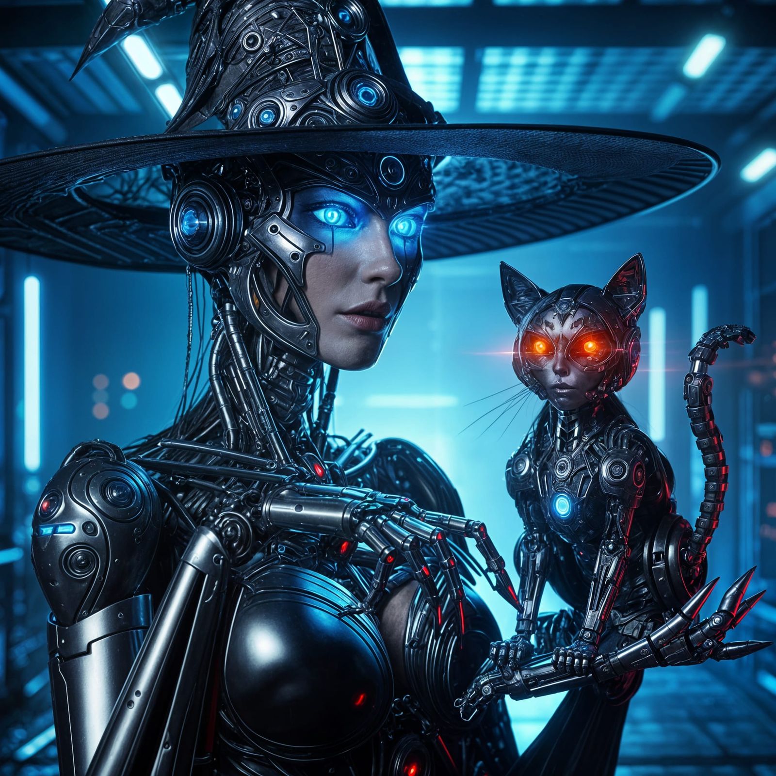 Cyborg Witch in Futuristic Metropolis