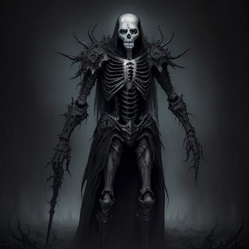 Dark Fantasy Scene with Totenbeschwörer and Skeletal Warrior...