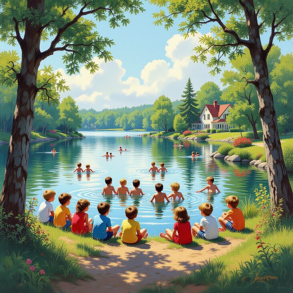 Children Playing by Lake: Oil Painting