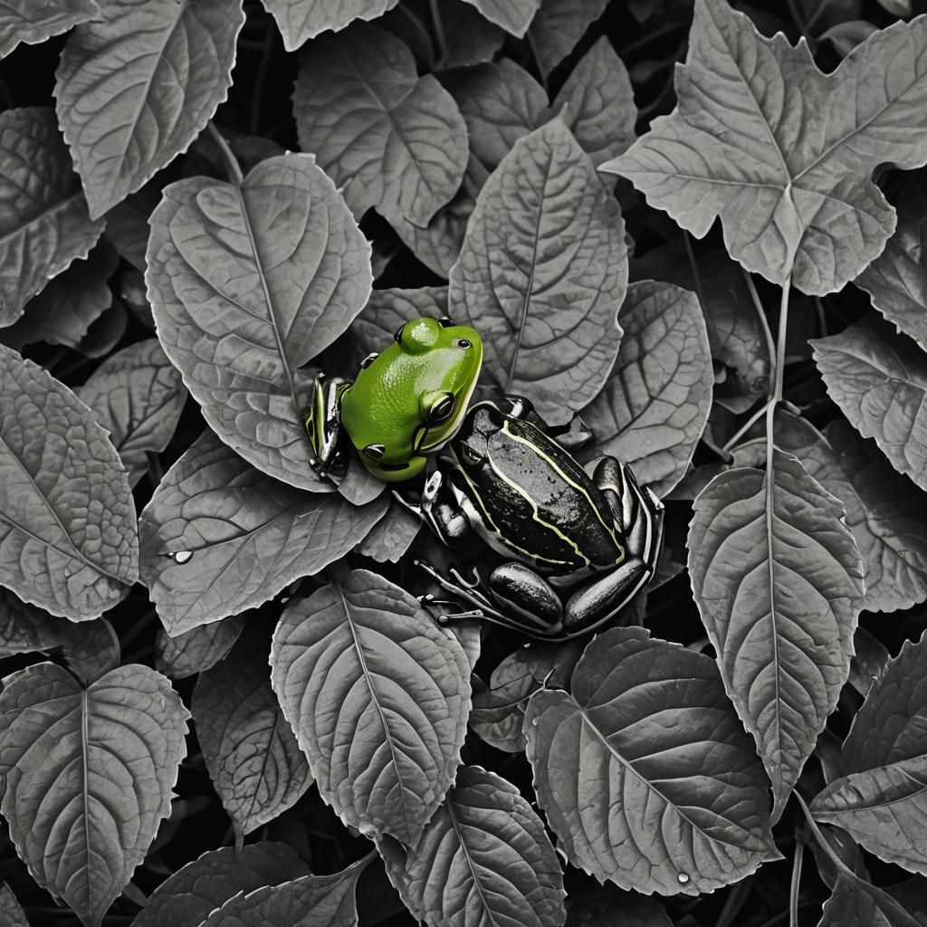 Green Frog in Monochromatic Leaves: Cinematic Still