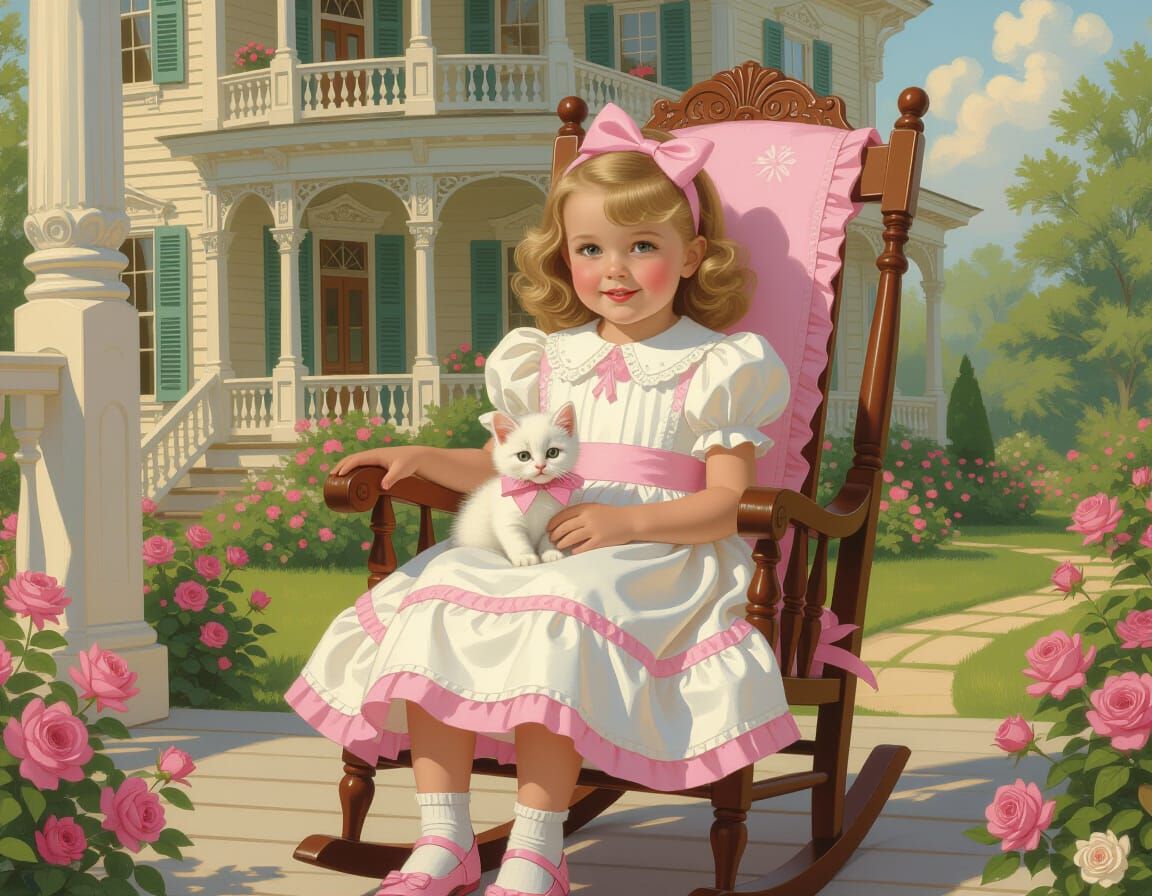 Victorian Girl with Kitten in Frilly Dress