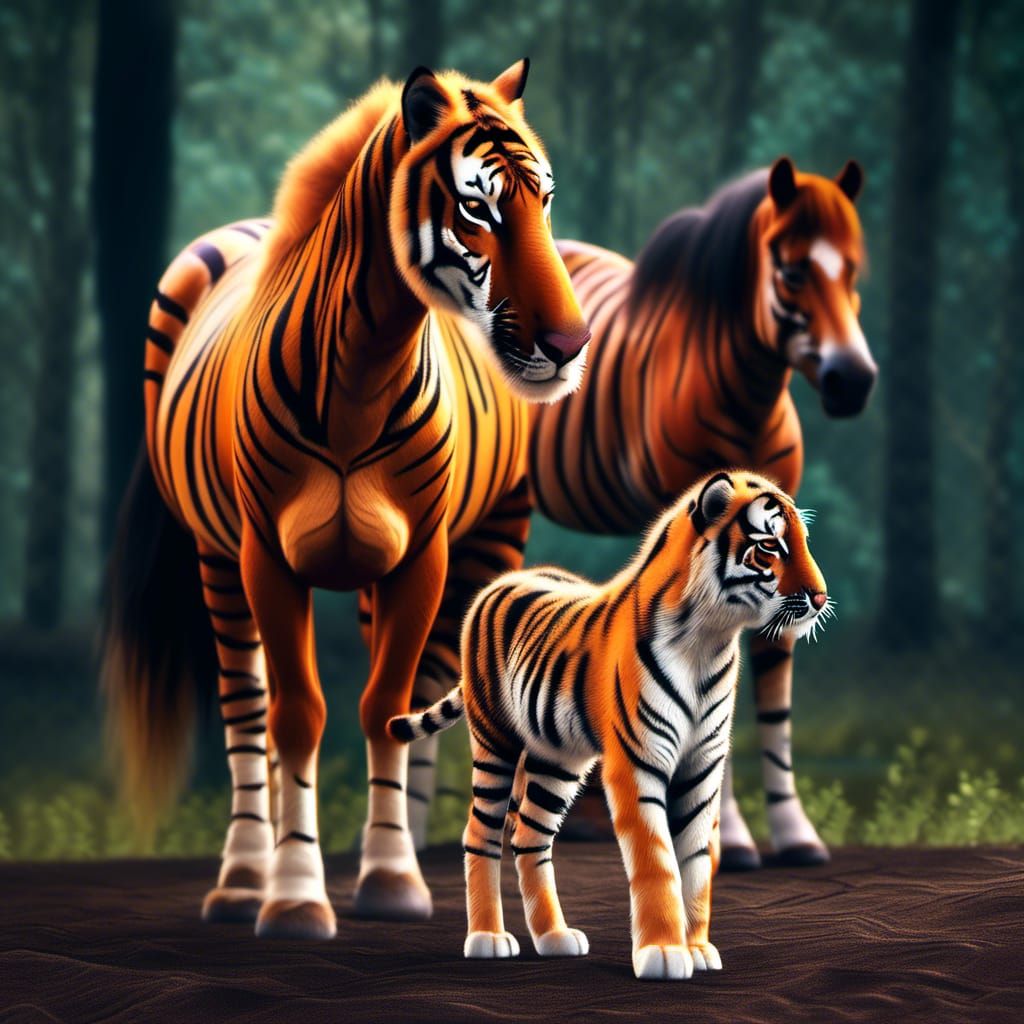 Tiger-Striped Fantasy Horses: A Photorealistic Family Portra...