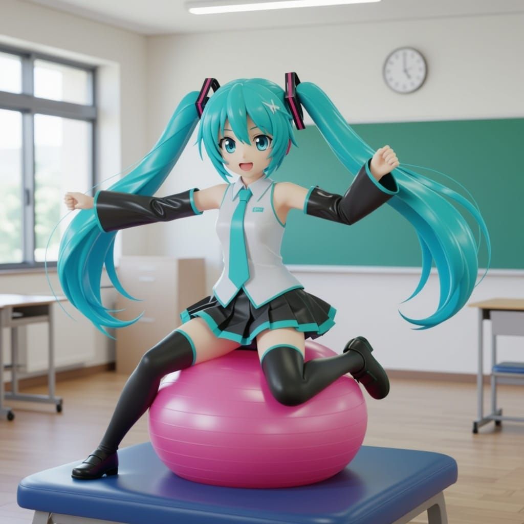 Hatsune Miku Bounces on Exercise Ball in Whimsical School Se...