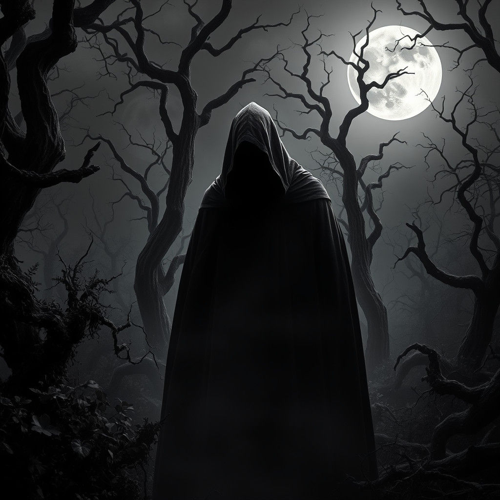 Eerie Witch in Dark Forest: Black and White Horror