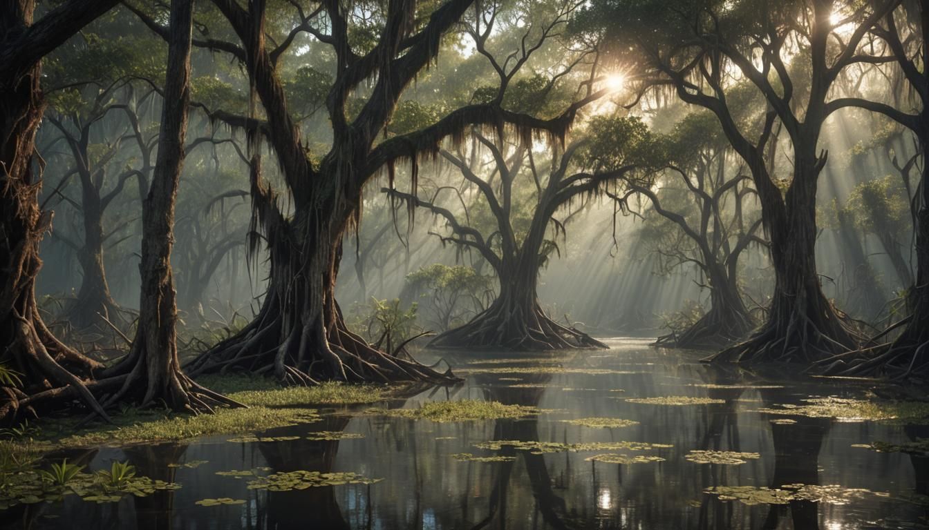 Steaming swamp, sunbeams shining through the trees, mysterious scenery, eerie yet beautiful