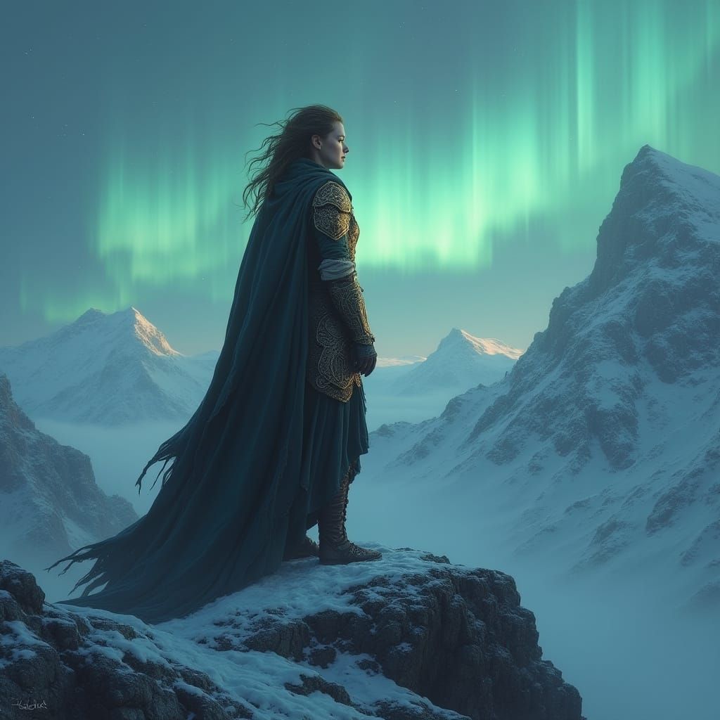 Nordthra Priestess Gazing at Aurora Borealis
