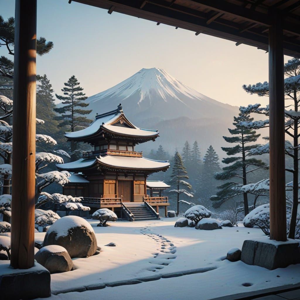 Ukiyo-e Winter Temple at Dawn