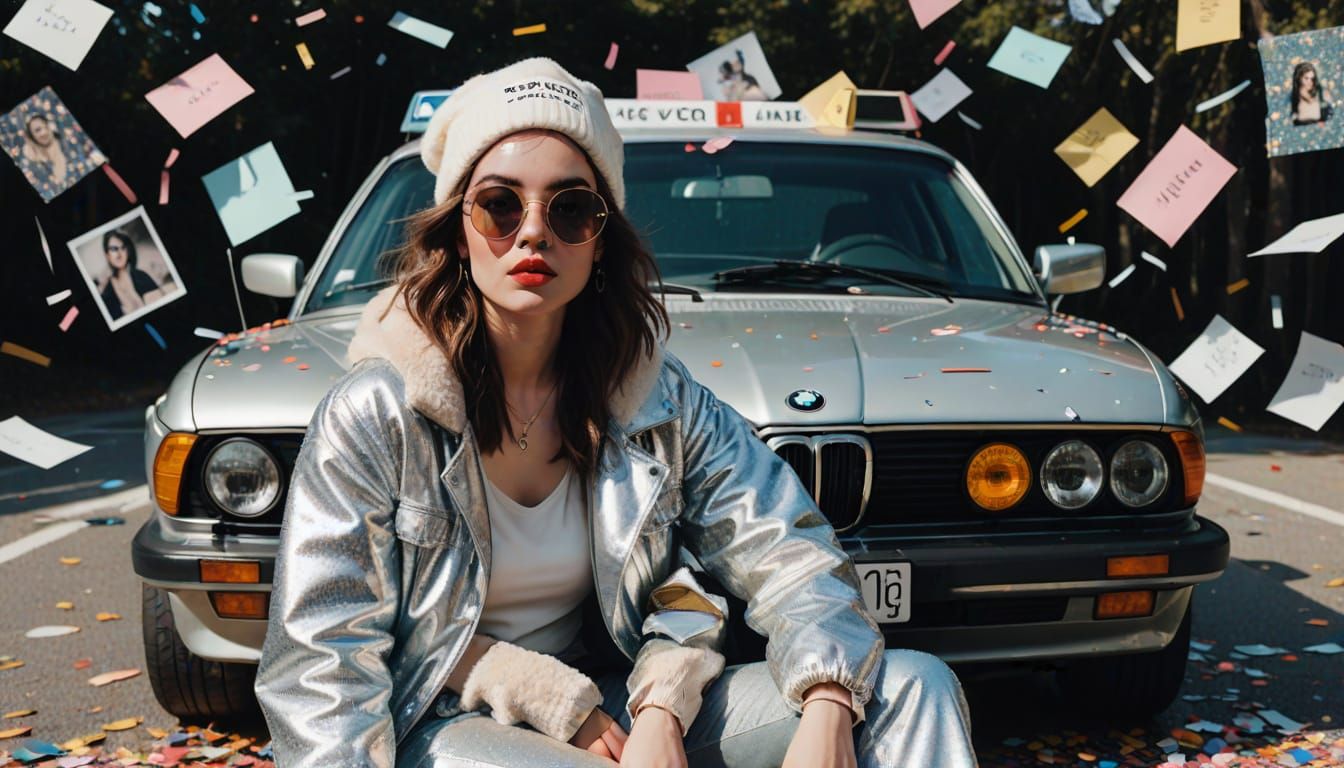 Fit Girl in 2025 Fashion on BMW Hood in Polaroid Collage