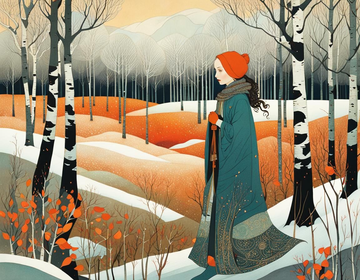 Girl in Winter Birch Forest Art