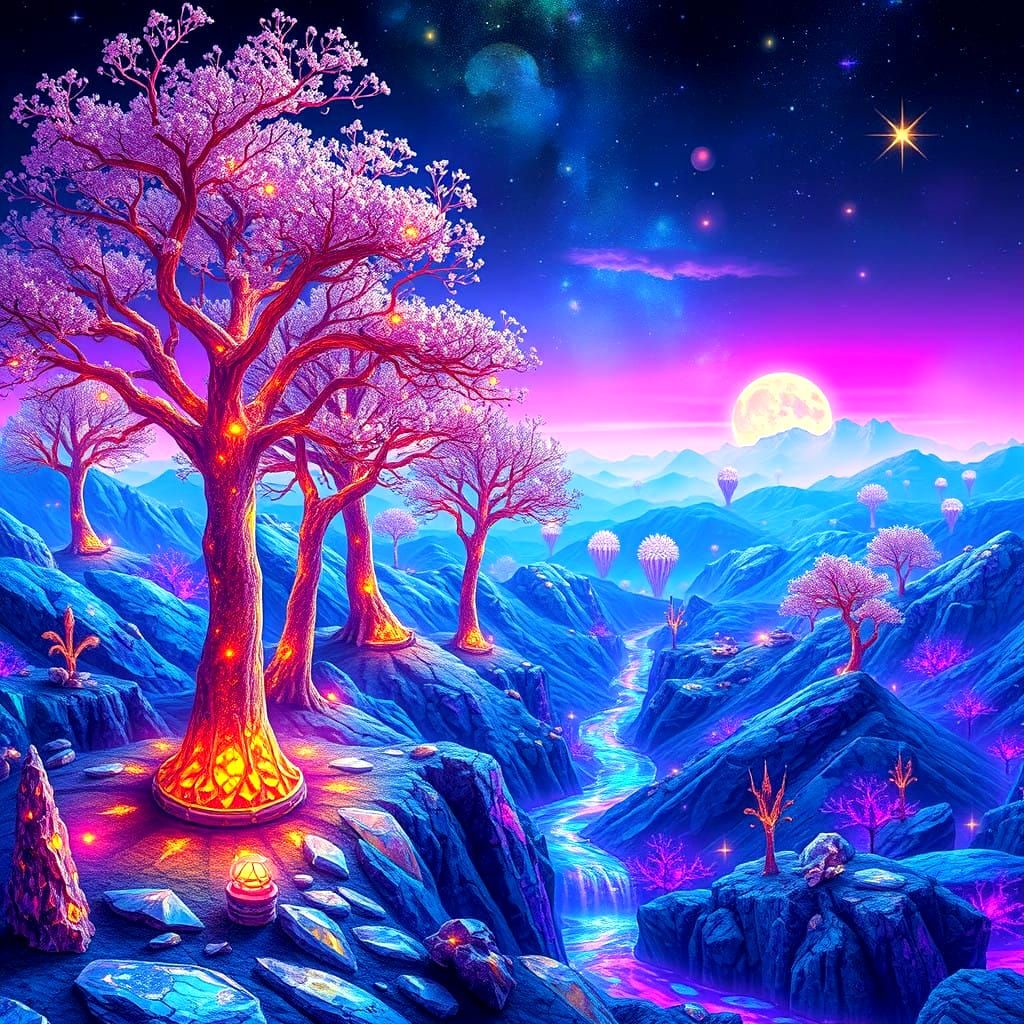 Ethereal Crystal Realm in Vibrant Neon Hues