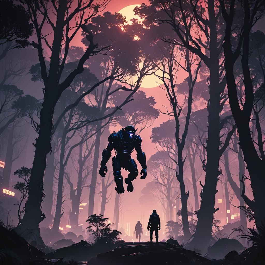 Cyborg Monkey in a Cyberpunk Metal Forest