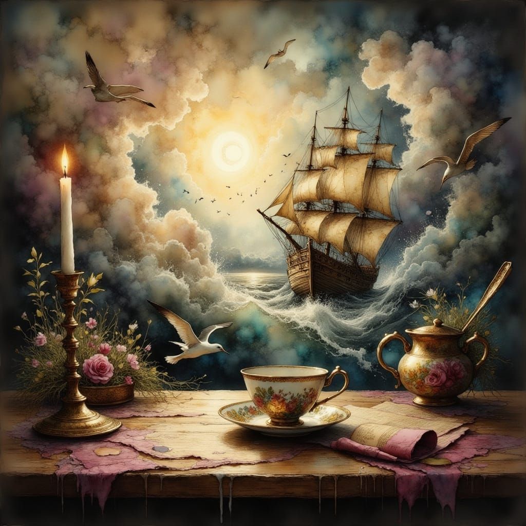 <lora:Ink Poet:1.0> Surreal sailing ship