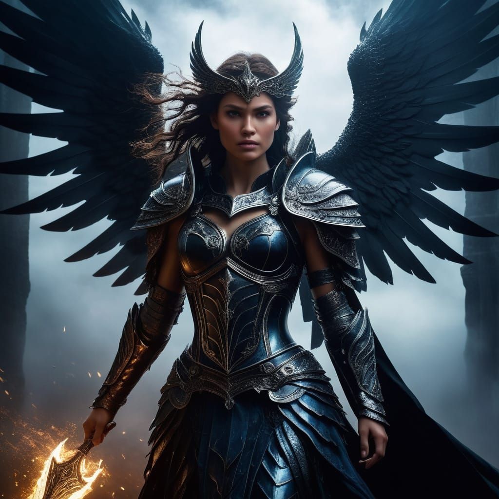 Dark Valkyrie in Obsidian Armor: Fantasy Masterpiece
