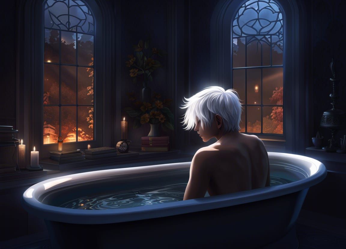 Anime Vector: White-Haired Boy in Bathtub