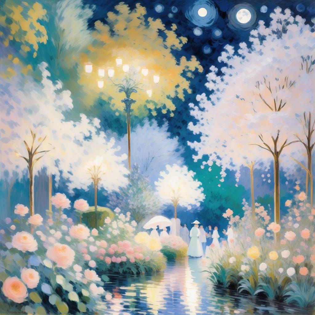 Moonlit Garden Party in Monet's Impressionist Style