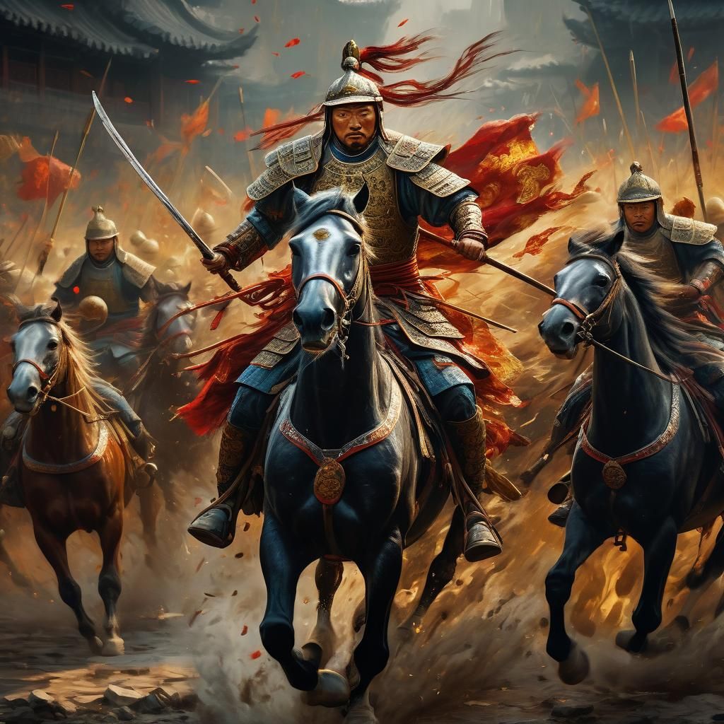 Chinese Ming Dynasty Cavalry Charge: Oil Painting