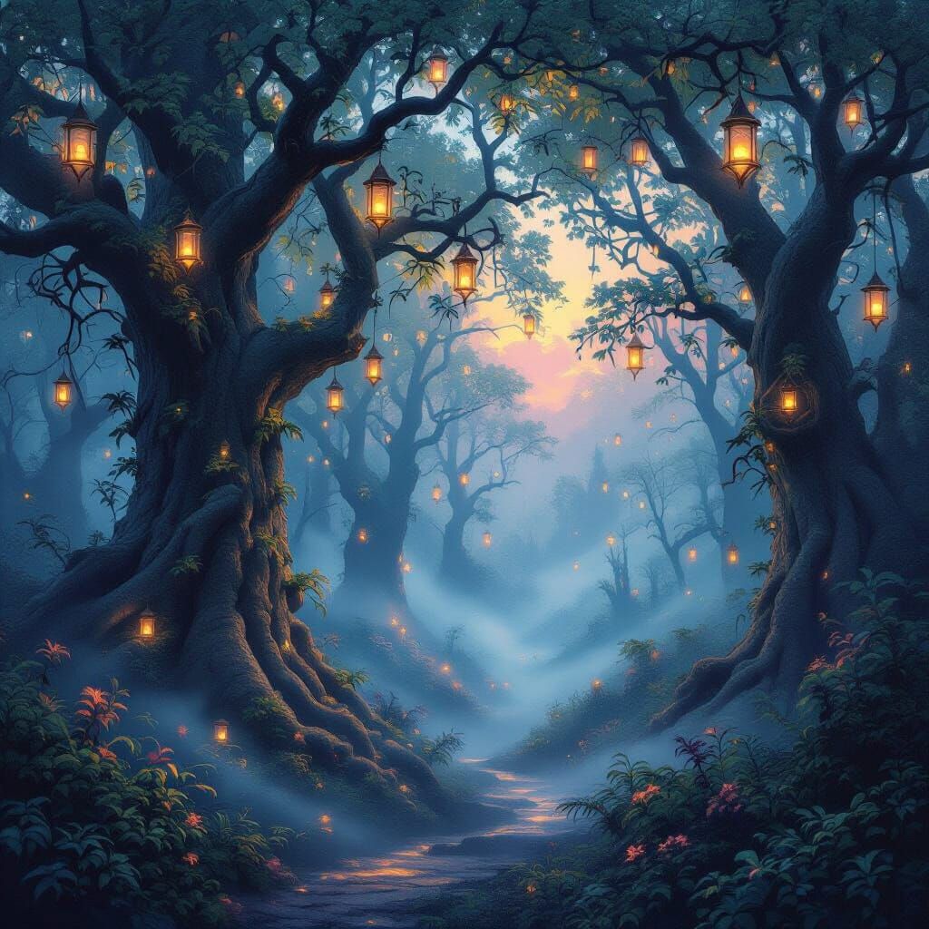 Enchanted Twilight Forest with Lanterns, Ethereal Style