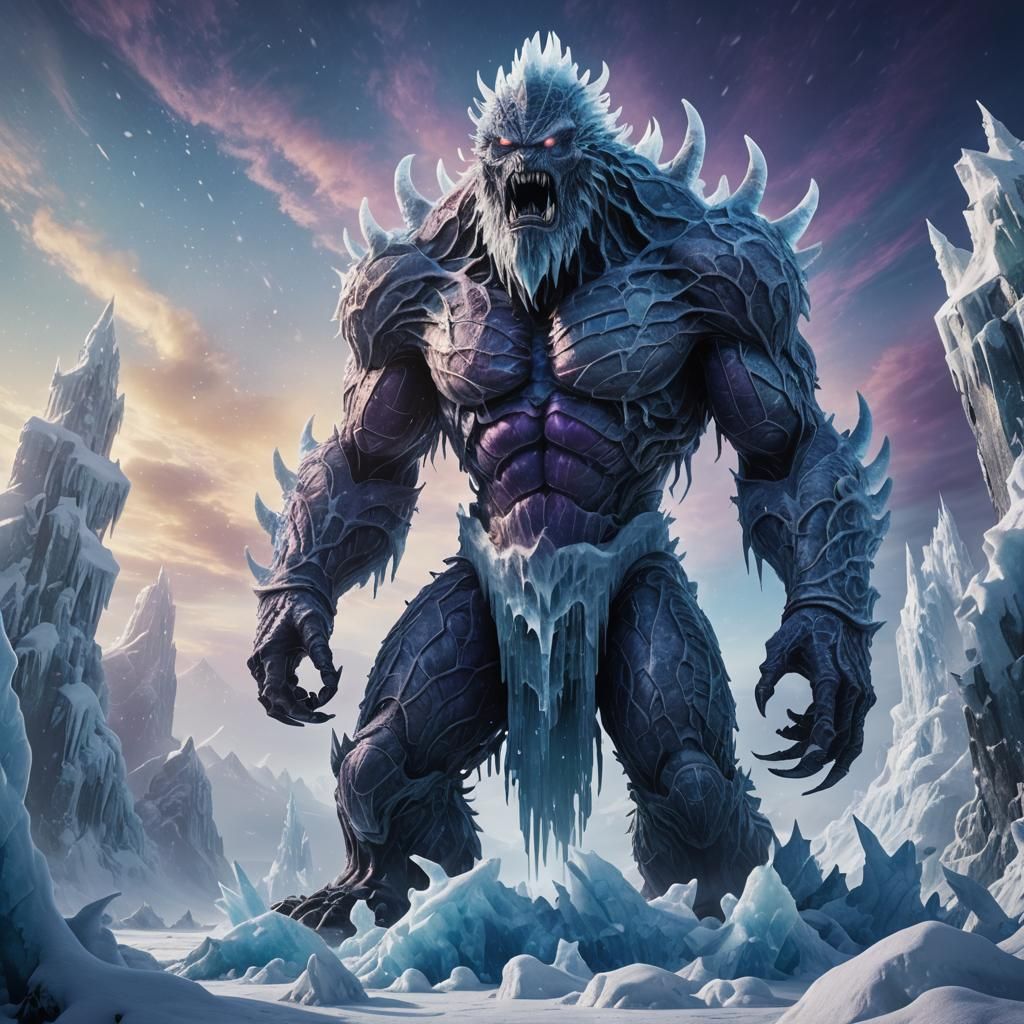 Towering Ice Monster in a Mystical Winter Scene
