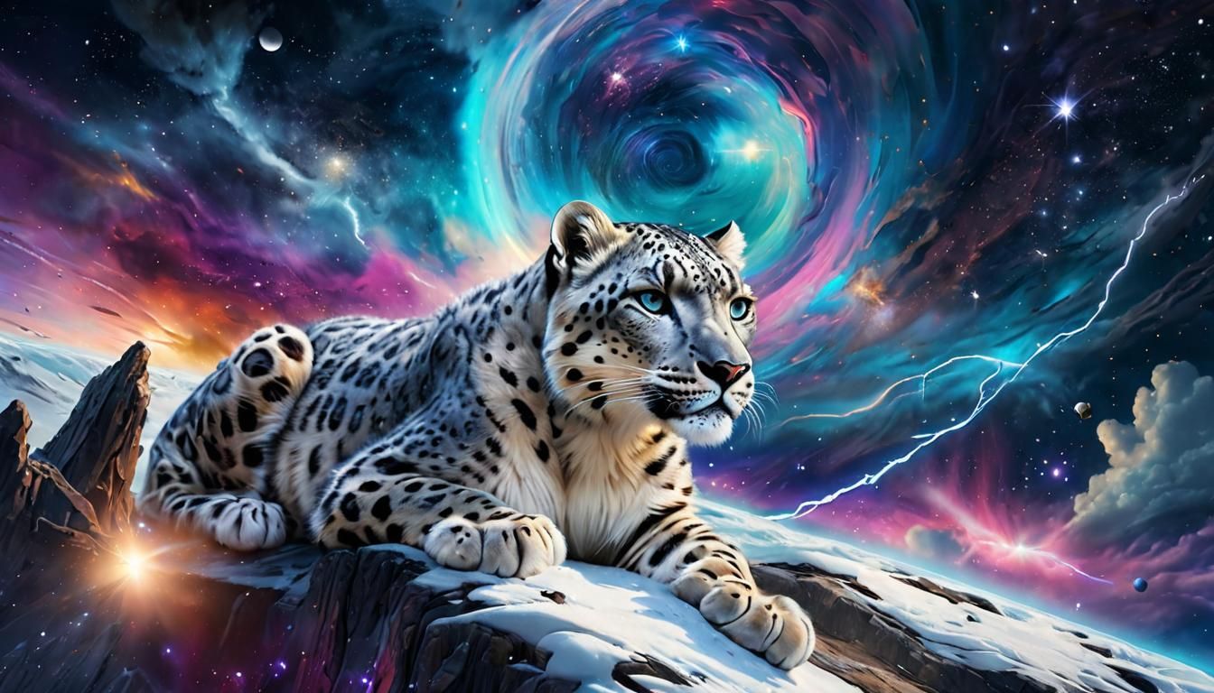 Cosmic Snow Leopard in Deep Space Fantasy Art
