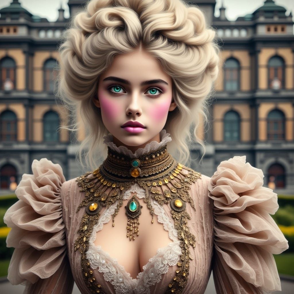 Hyperrealistic Gibson Girl with Futuristic Lace Clothing