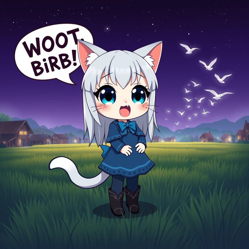 Whimsical Anime Catgirl Sees Flock of Birds in Starry Night ...