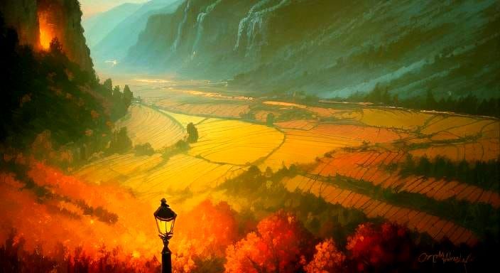 Village Lamp Beams Across Misty Valley