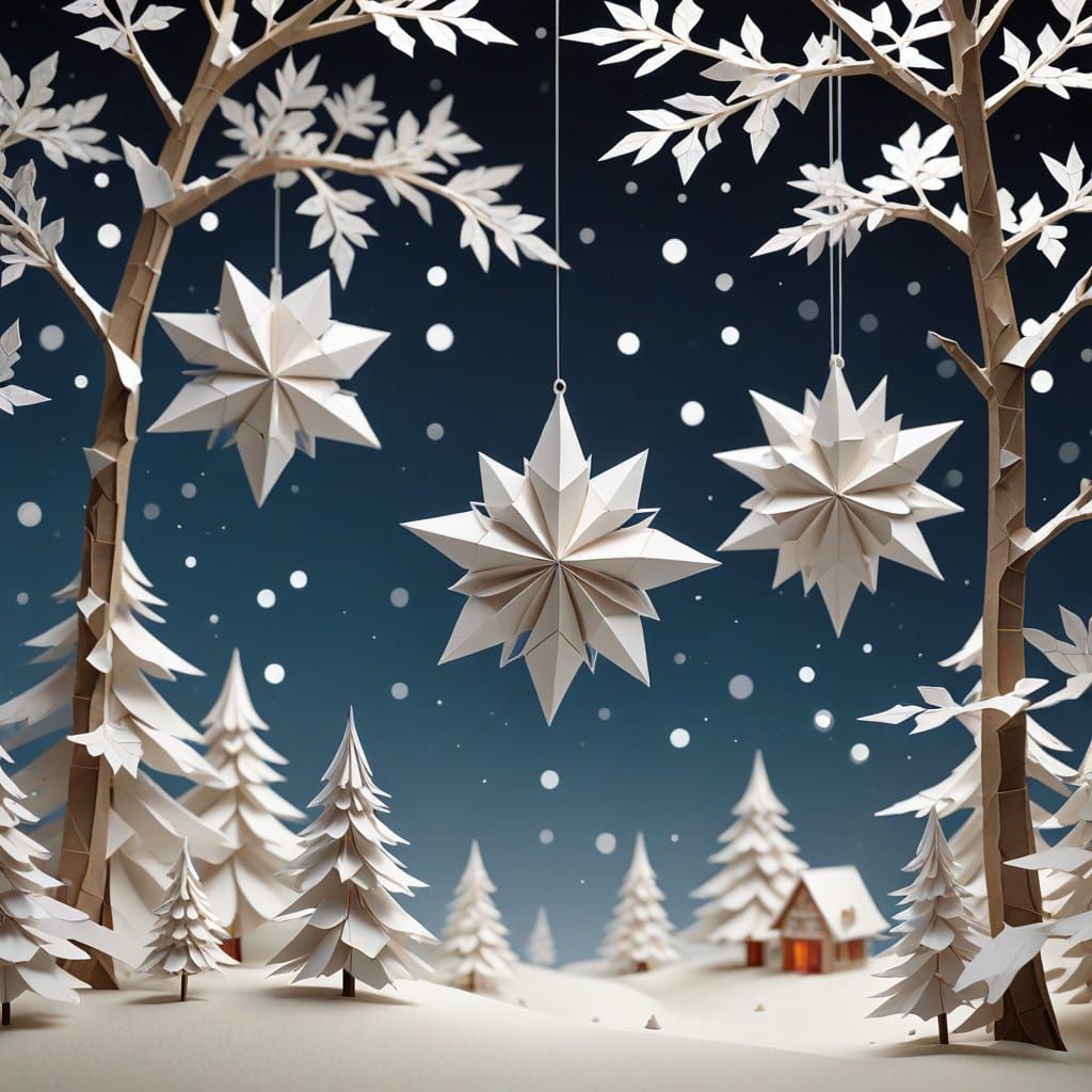 Surreal Origami Mistletoe with First Snowflake in Ethereal W...