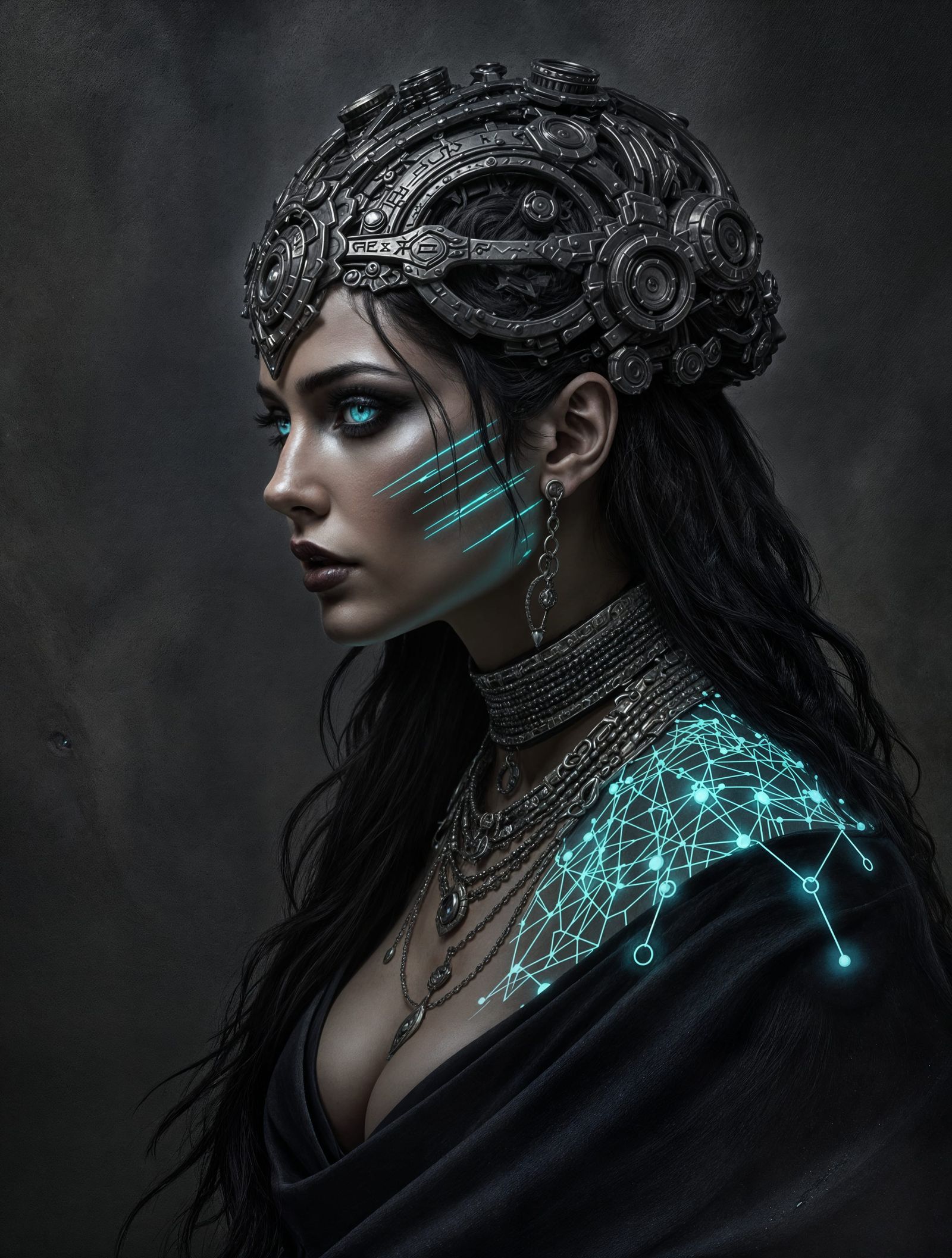 Fantasy Portrait of a Woman in Metallic Gear and Runic Patte...