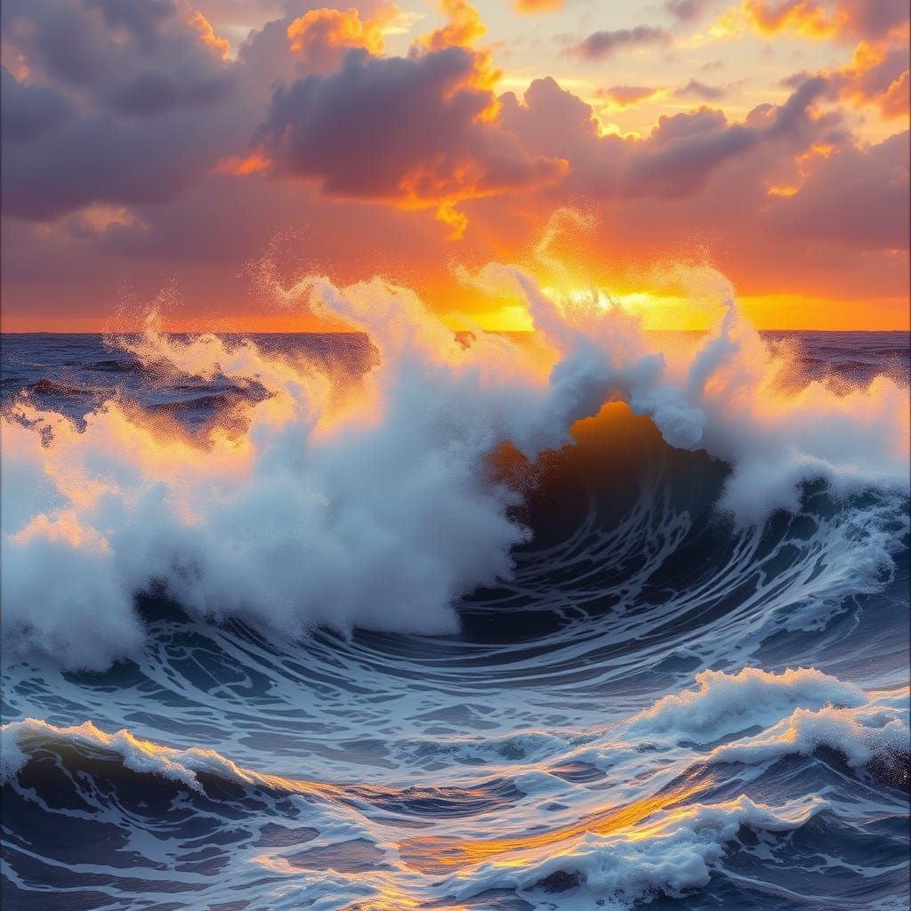 Stormy Sunset Waves on Open Sea in Turner Style