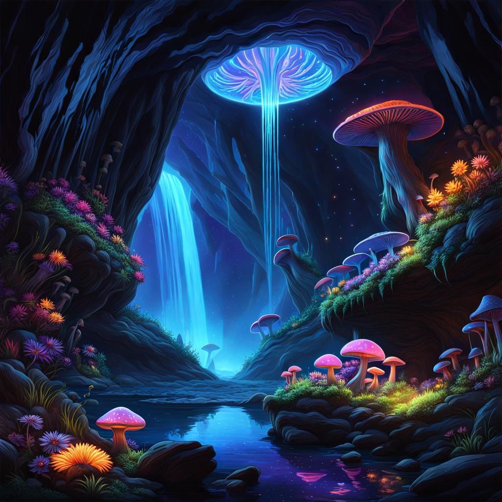 Bioluminescent Alien Cave with UV-Reactive Flora