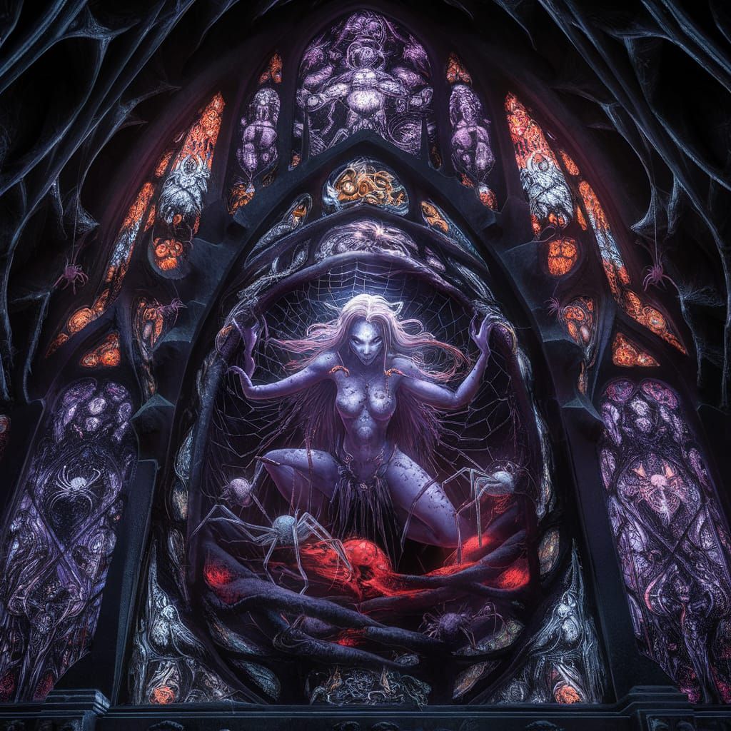 Stained Glass Window of Spider Goddess in Gothic Temple